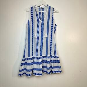 I.M.A. Sleeveless Dress Small Blue White 100% Cotton Boho Greek Summer Beach